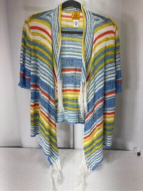 Ruby Rd. Multicolor Striped Fringe Open-Front Cardigan - Blue/Yellow/Red 3775
